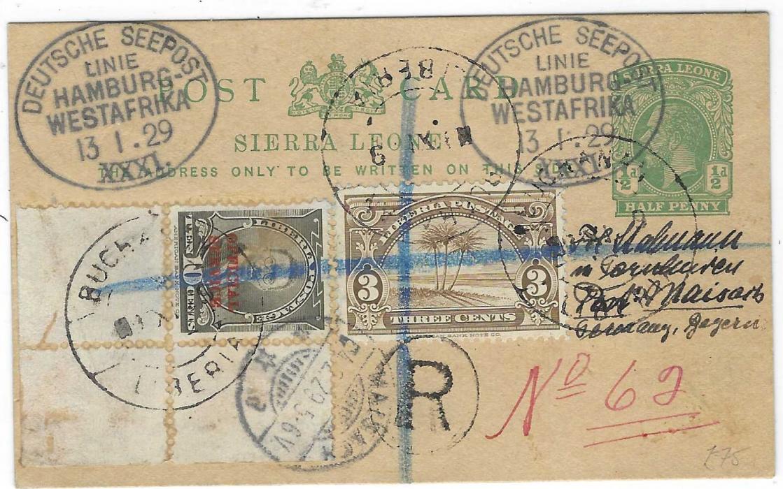 Liberia 1929 Sierra Leone 1/2d. postal stationery card registered to Germany and used from Buchanan, Liberia franked 1928 3c. Palms and 10c Official tied cds, further cancels of Deutsche Seepost/ Linie/ Hamburg/ Westafrika/ XXXI, registration handstamp and red manuscript number plus arrival cds.