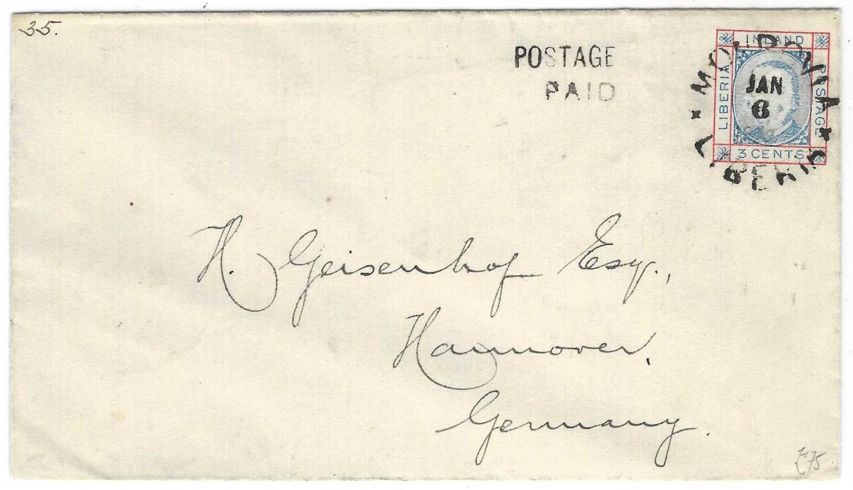 Liberia 1892 3c. defaced internal postal stationery envelope cto with Monrovia date stamp, unusually used to Germany with two-line POSTAGE/ PAID handstamp; fine and clean condition.