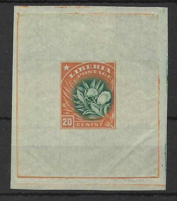 Liberia 1909-12 20c. ‘Pepper Plants’ imperf proofs on lined paper without gum, three examples in different colours, one rose and green issued colours, the others ochre and black and orange and green unissued. Fine and attractive.