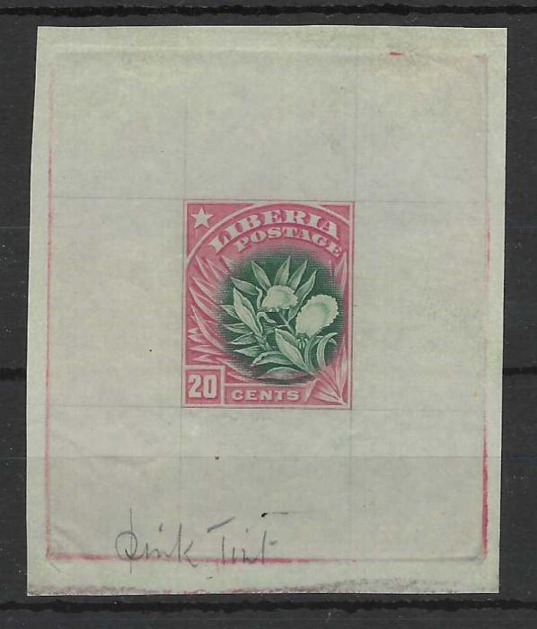 Liberia 1909-12 20c. ‘Pepper Plants’ imperf proofs on lined paper without gum, three examples in different colours, one rose and green issued colours, the others ochre and black and orange and green unissued. Fine and attractive.