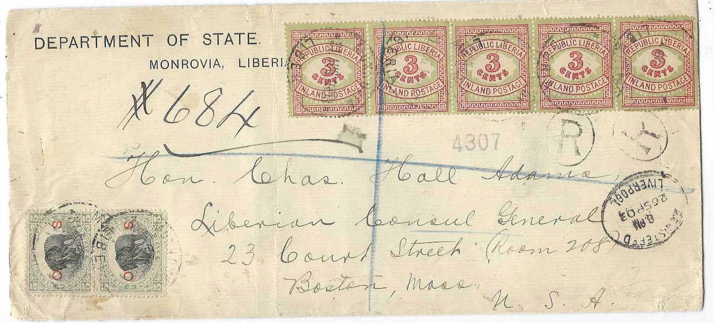 Liberia 1903 (31 AUG) ‘Department of State’ envelope registered to Boston, USA franked 1897 3c. horizontal strip of five plus 1898-1905 O.S. overprinted 5c. ‘Elephant’ pair, tied Monrovia cds, routed via Liverpool, arrival backstamp.