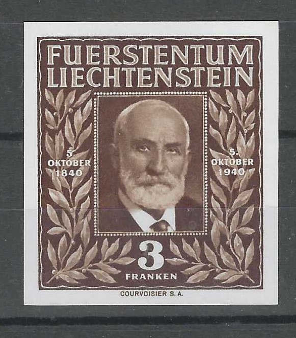 Liechtenstein 1940 3f Prince Johann II special imperf Courvoisier printing on thicker than issued paper without gum, hinged.