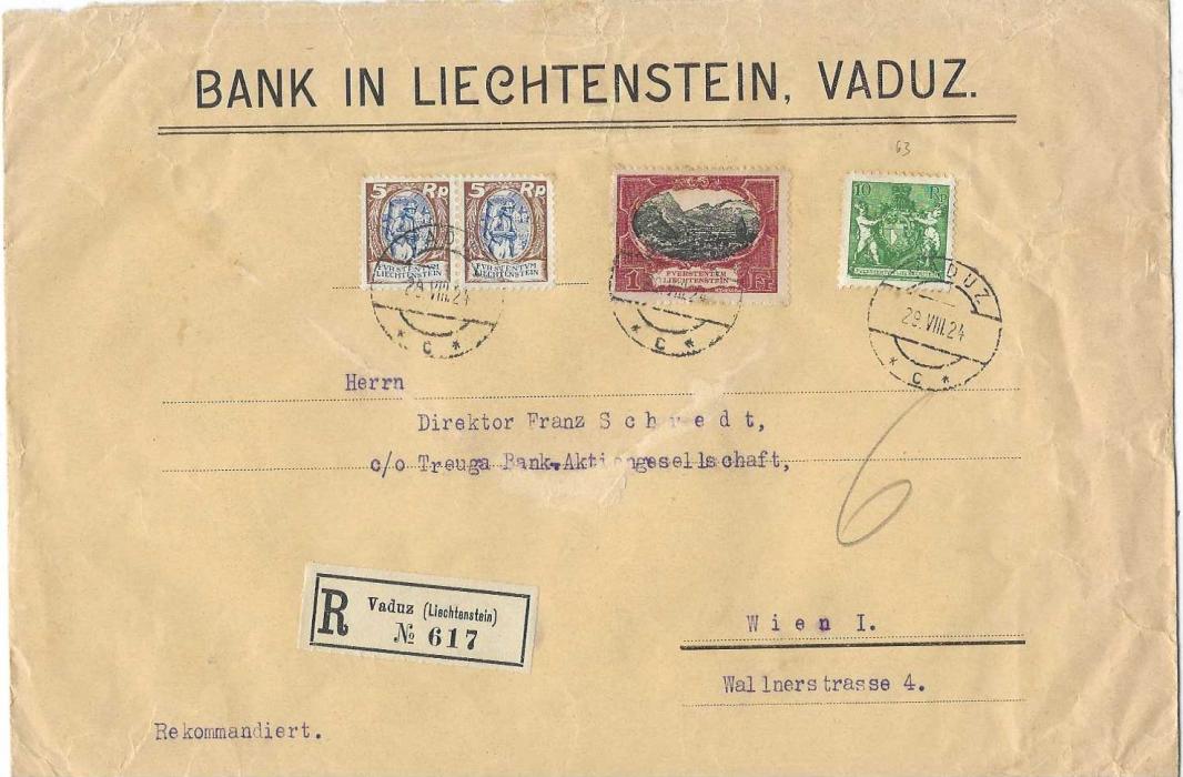 Liechtenstein 1924 (29.VIII) large registered bank envelope, 245 x 165mm, to Vienna bearing three issue mixed franking including 1f. Vaduz View, cancelled Vaduz cds, registration label at base; without arrival backstamps.