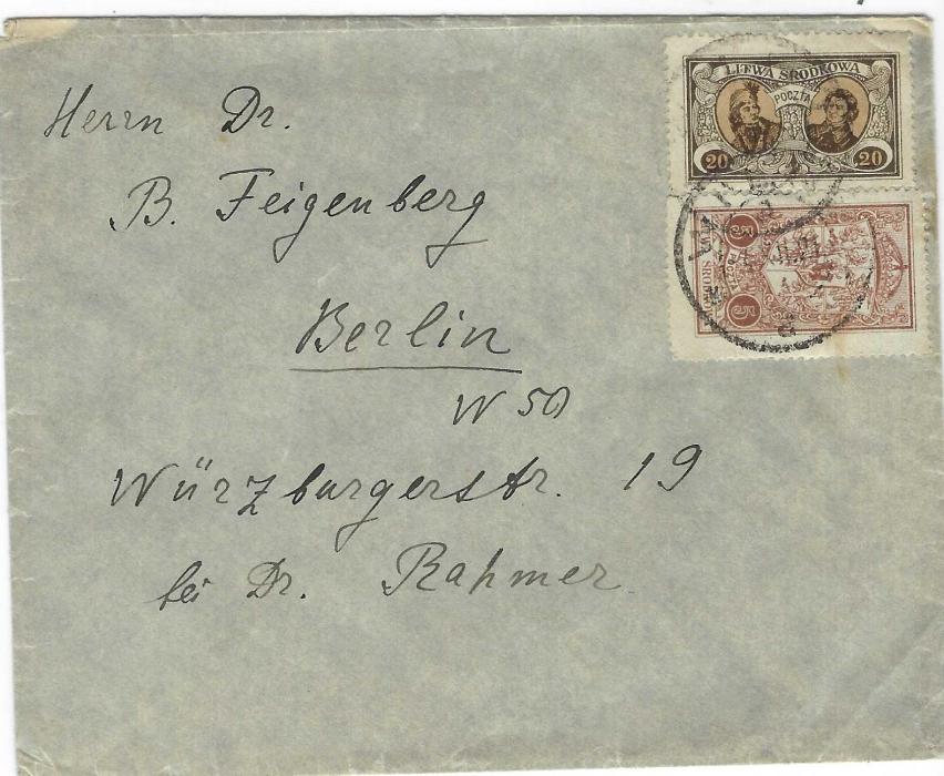Lithuania 1921 (4 XII) cover to Berlin franked 5m coat of Arms and 20m Kosciuskzo and Mickiewicz tied by Wino cds; good condition without backstamp.
