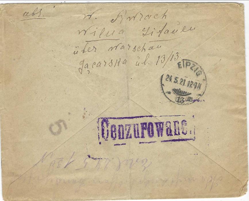 Lithuania 1921 (18.5.) registered express cover to Leipzig franked with four 10m Union tied by Wilno cds, registration handstamp at top centre, reverse with fineCENZUPOWANE censor cachet in violet; central vertical filing crease, scarce express envelope with a multi and not mixed franking