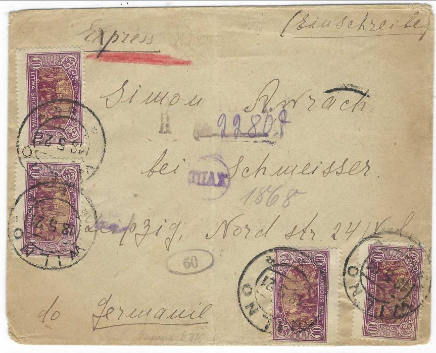 Lithuania 1921 (18.5.) registered express cover to Leipzig franked with four 10m Union tied by Wilno cds, registration handstamp at top centre, reverse with fineCENZUPOWANE censor cachet in violet; central vertical filing crease, scarce express envelope with a multi and not mixed franking