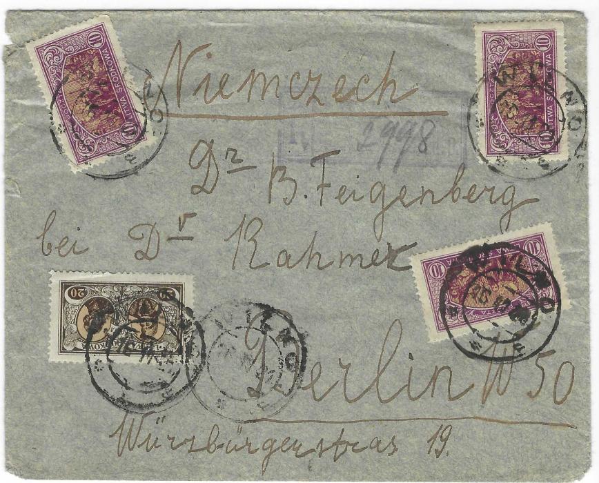 Lithuania Central Lithuania 1921 (16.11.) registered unsealed envelope to Berlin franked with three 10m Union and a 20m tied by Wilno cds, registration handstamp at top, reverse with Berlin Customs Control handstamp and arrival cds.