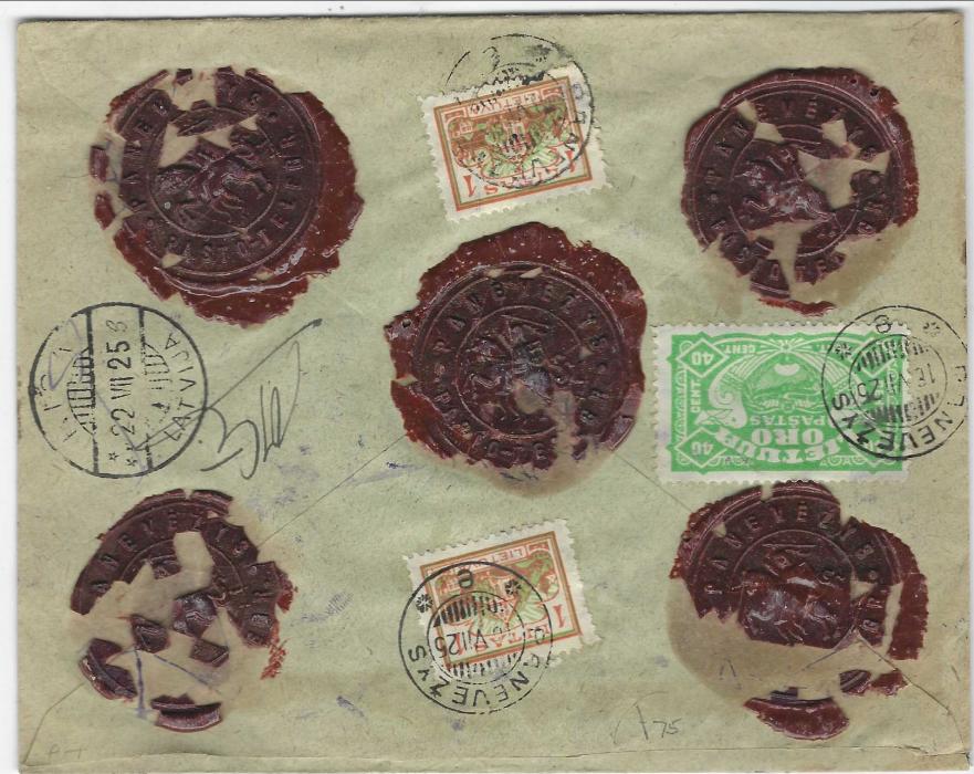 Lithuania 1925 (16 VII) registered money letter to Riga franked 1923-25 Wayside Cross on front and, on reverse 1923-25 1L.(2) and 1924 40c Airmail tied by Panevezys cds, arrival cds and five large part red wax seals.
