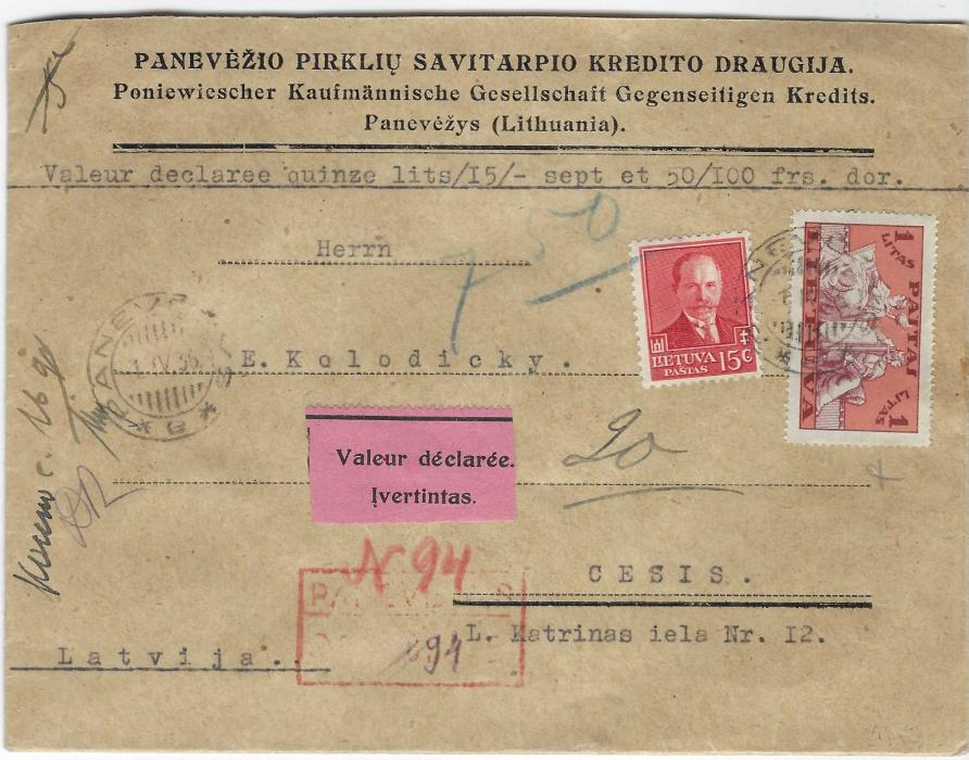 Lithuania 1936 (1 IV) registered Value Declared  envelope for 15L. to Cesis, Latvia franked 1934 15c. plus 1934-35 1L tied by Panevezys cds, bilingual Valeur Declaree label at centre above red registration handstamp, reverse with five wx seals, Kaunas transit and arrival cds.