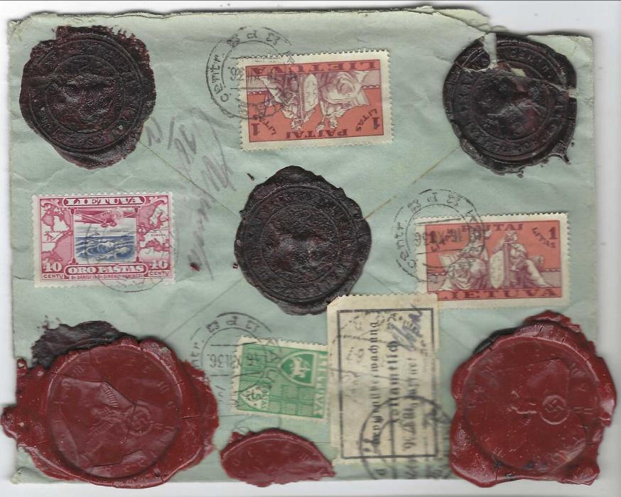 Lithuania 1926 (16 XII) registered Value Declared  envelope for 96L. to Berlin  franked 5c., two 1L. and 40c. Airmail tied Kaunas cds, bilingual Valeur declaree label on front, five Lithuanian wax seals, intercepted by German customs with white label applied on revers and three thick Eagle and Swastika red wax seals applied.