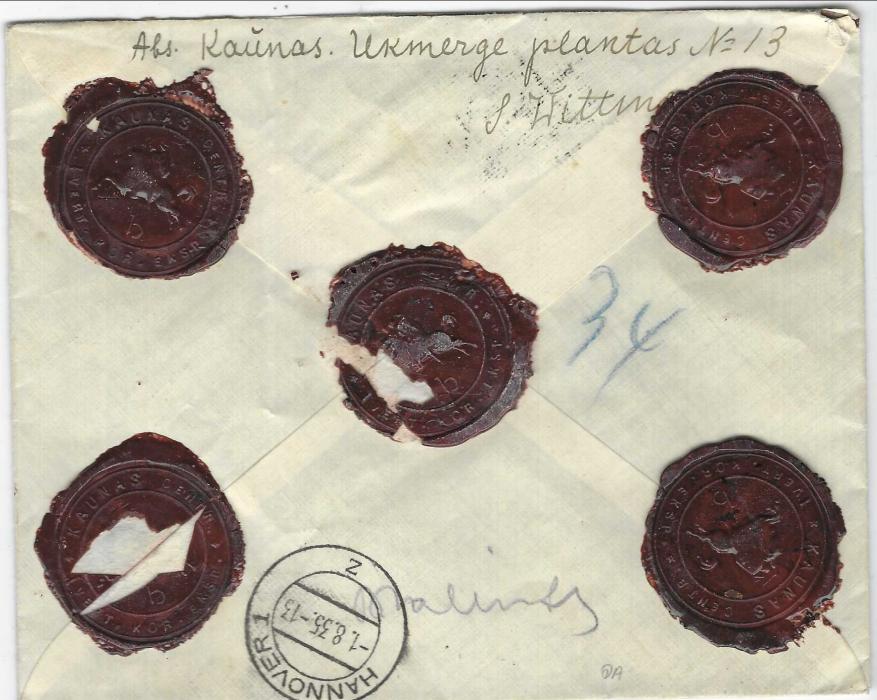 Lithuania 1935 (10 VII) registered Value Declared  envelope for 120L. to Hannover  franked 60c. and 1L.  tied Kaunas cds, bilingual Valeur declaree label on front, five Lithuanian wax seals on reverse with arrival cds; a fine cover.