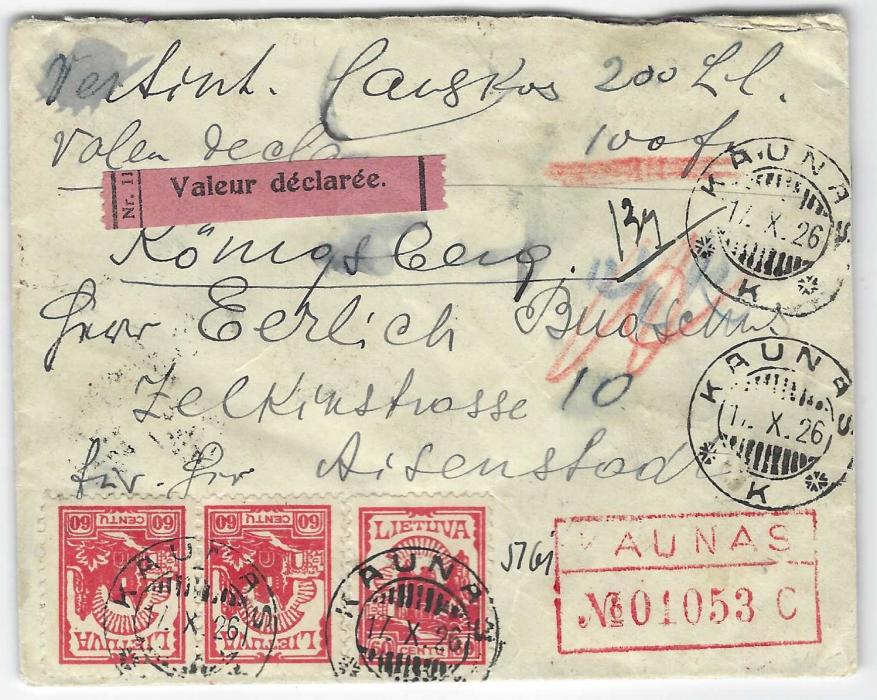 Lithuania 1926 (17.X.) registered Value Declared  envelope for 200L. to Konigsberg, Germany  franked three 60c. on front tied Kaunas cds, Valeur declaree label at top reduced to just leave the international French language, registration handstamp bottom right and five fine Lithuanian wax seals on reverse with arrival cds; a fine cover.