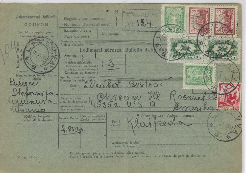 Lithuania 1932 (18.X.) 2.85g parcel card to Chicago franked at 8L. 70s rate with Laukuva despatch date stamps; central vertical crease.