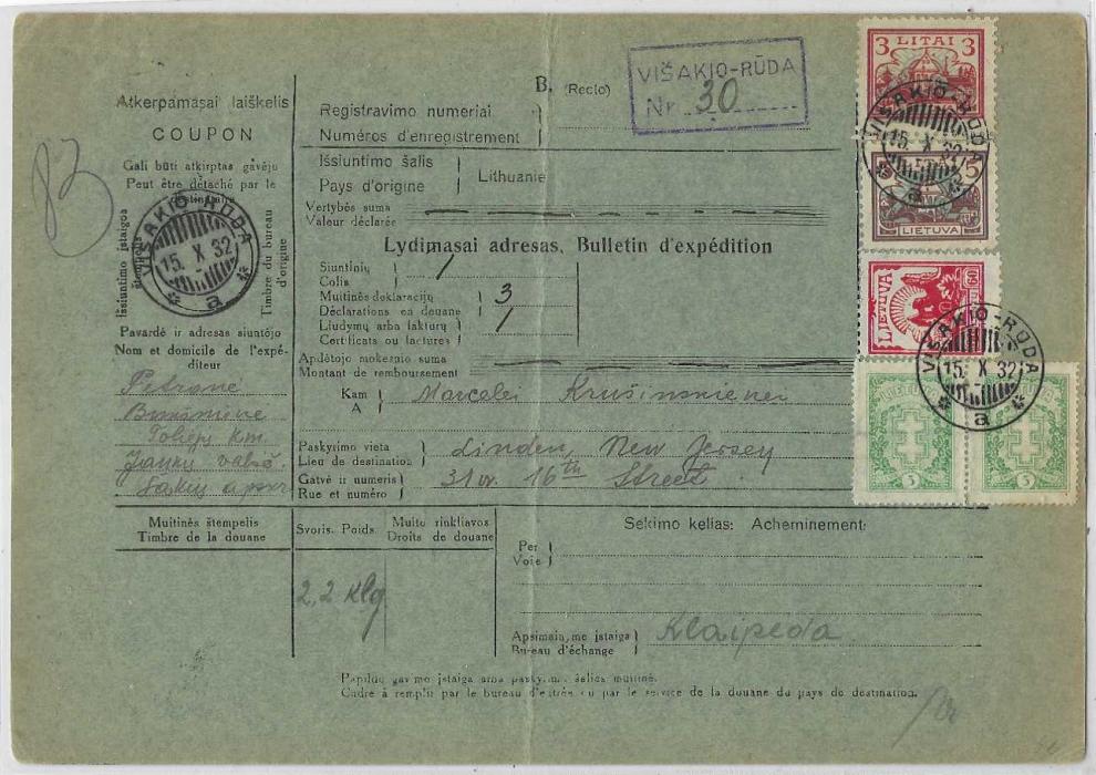 Lithuania 1932 (15.X.) 2.2kg parcel card to New Jersey, USA  franked at 8L. 70s rate with Usakio-Ruda  despatch date stamps; central vertical crease.