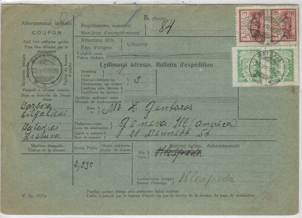 Lithuania 1929 (25.VIII.) 2.33kg parcel card to Geneva  franked at 6L. 10s rate with Batakiai despatch date stamps; central vertical crease.