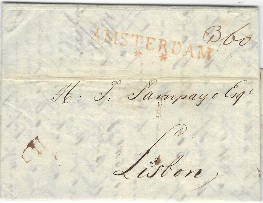 Netherlands 1817 entire to Lisbon, Portugal, bearing red two-line AMSTERDAM/ * *, rated “360” reis on arrival; light horizontal filing crease.