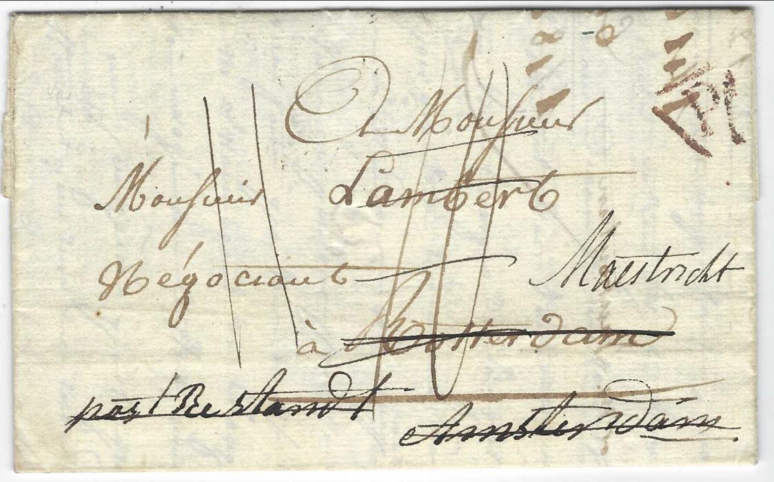 Netherlands 1817 incoming entire from Paris to Rotterdam, redirected to Amsterdam and then again to Maastricht, bearing framed ‘P’ on despatch, reverse with two-line DEB/ ROTTERDAM and DEB 115/ AMSTERDAM handstamps; very fine double deboursement.