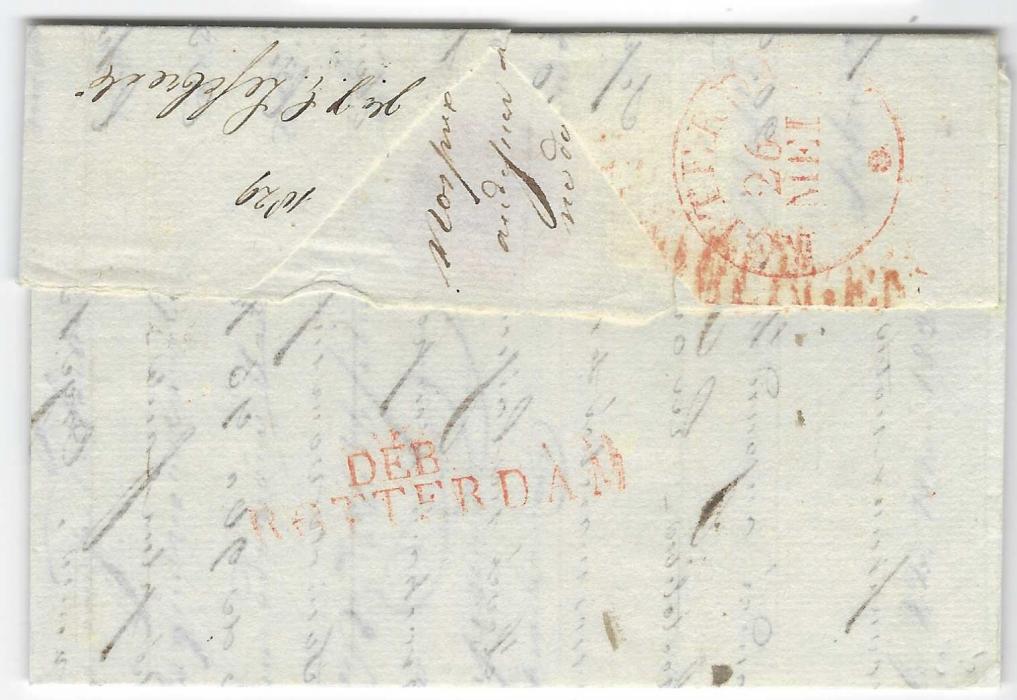 Netherlands 1829 entire from Rouen, France to Shiedam, near Rotterdam bearing straight-line ROUEN and red accountancy C.F.3.R (Correspondence Francaise 3rd Rayon), reverse with Rotterdam cds and two-line DEB/ ROTTERDAM.