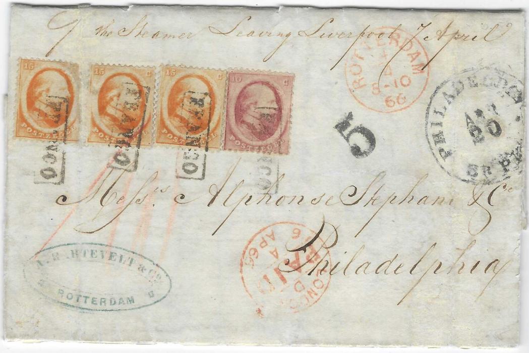 Netherlands 1866 entire to Philadelphia, USA franked 1864 10c. and three 15c. (one defective) tied by framed FRANCO handstamps, Rotterdam dispatch and London transit cds both in red, Philadelphia Br. PKt arrival and handstamped ‘5’ accountancy, endorsed at top “By the Steamer Leaving Liverpool 7 April”; ironed out filing creases, attractive.