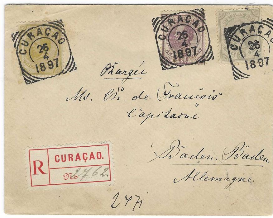 Netherland West Indies (Curacao) 1891 (23/10) cover to New York bearing single franking 25 CENT on 30c. pearl grey (perf fault at top) paying the double rate, tied square circle Curacao date stamp. At top annotation “Per SS Philadelphia” of the Red D Line. Opera Glasses arrival backstamp.