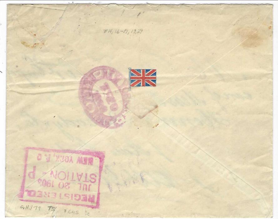 Netherland West Indies (Curacao) 1903 (11/7) registered cover to New York, endorsed “pr S.S. Caracas” bearing three issue franking of 1889 2.c, 3c. and 5c. Numerals, 1892-96 Queen Wilhelmina 10c. and 1902 12½Ct. on 12½Ct. tied square circle date stamps, arrival backstamps. Reverse also with small printed Union Jack.