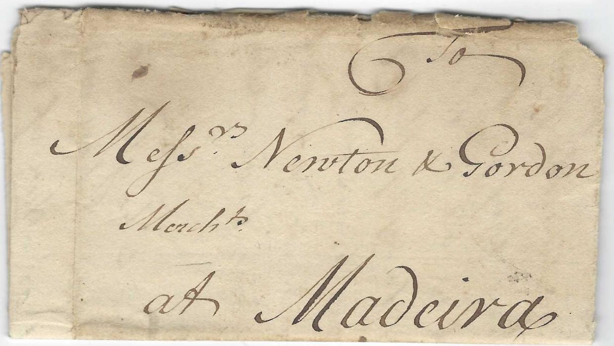 Netherland West Indies 1768 thick entire with wine order to Madeira, date-lined as written from St Eustatia, carried privately without postal cancels; entire with faults with the right hand panel detached from the rest of entire; a rare early item.