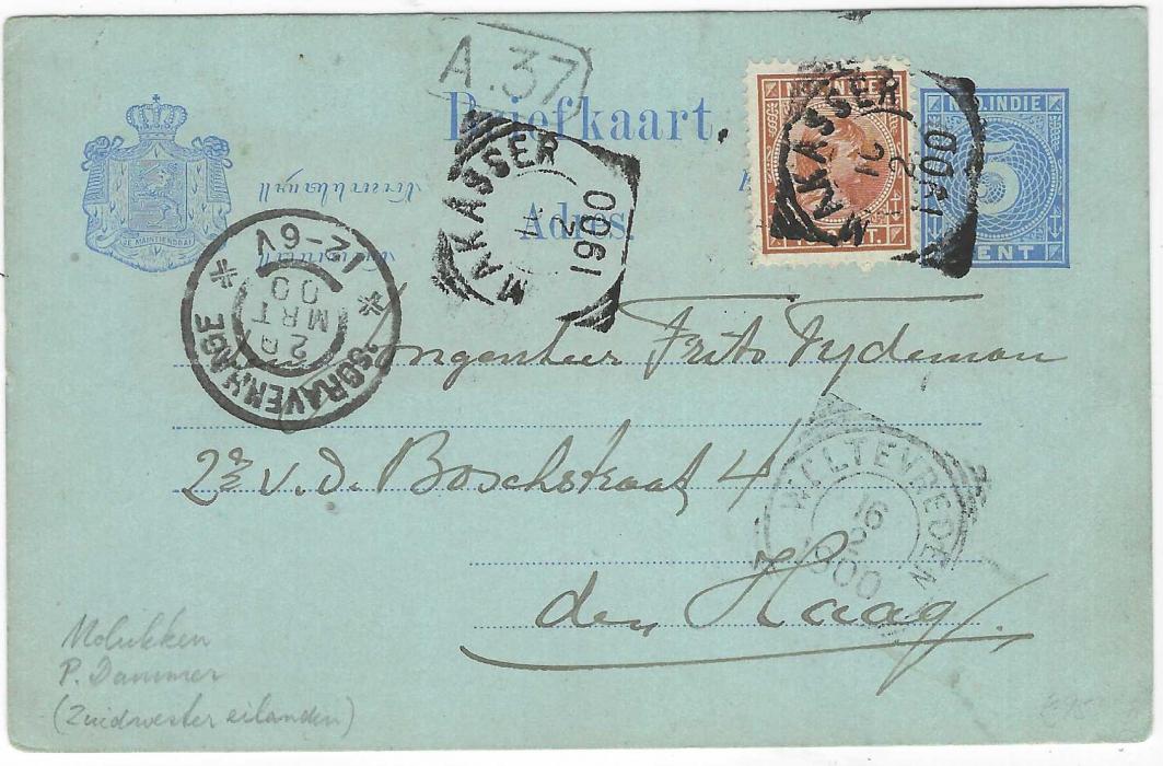 Netherland East Indies (Picture Stationery)  1900s (10.2.) 5c. blue Numeral stationery card with part image on front titled by sender “Jobo, Aroe Islands” , sent to den Haag and uprated 10c. Queen Wilhelmina tied Makasser square circle; fine condition.