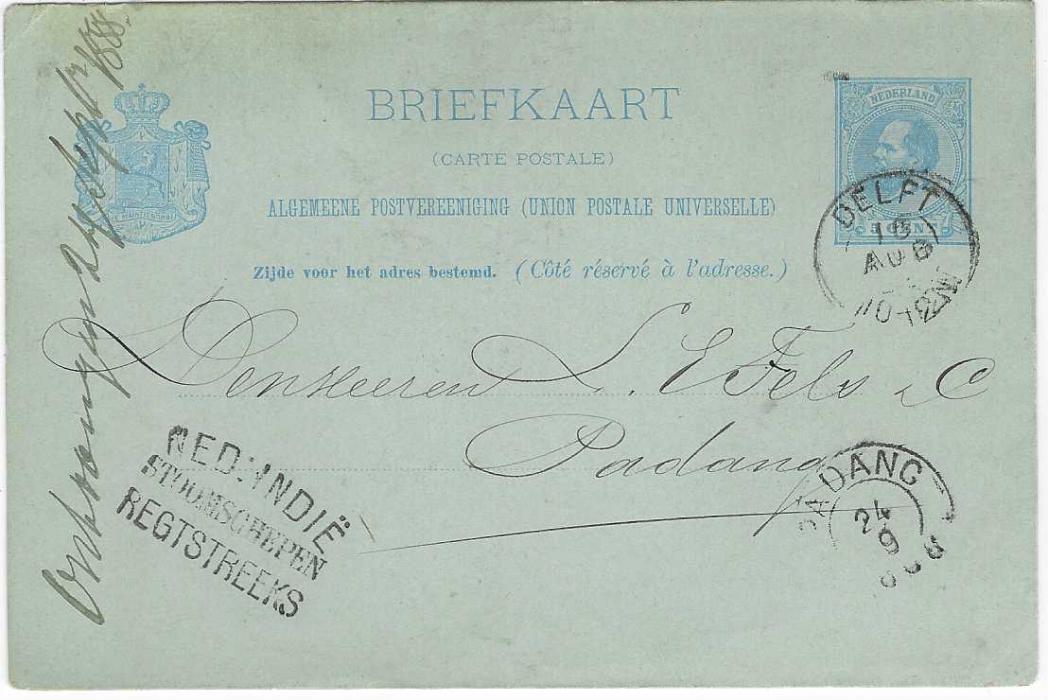 Netherland East Indies 1888 5c. postal stationery card used from Delft to Padang with despatch and arrival cds, at bottom left fine unframed NED:INDIE/ STOOMSCHEPEN/ REGTSTREEKS maritime handstamp