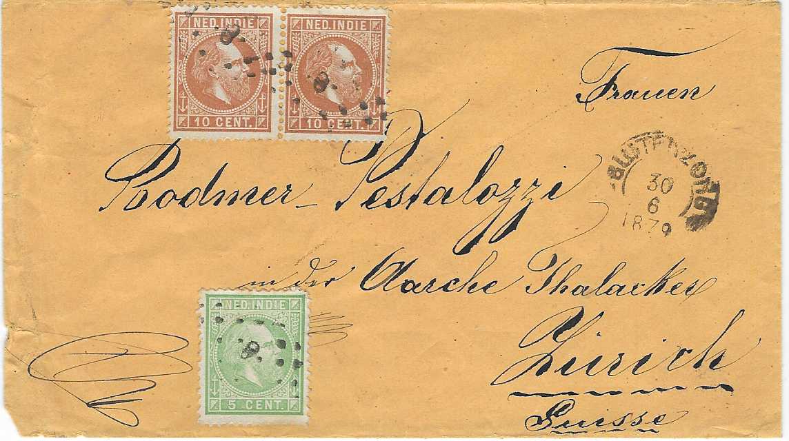 Netherland East Indies 1879 (30 6) cover to Zurich, Switzerland franked 1870-88 5c and pair of 10c. cancelled ‘8’ in dotted lozenge, Buitenzong cds at right, reverse with Brindisi transit and arrival cds.