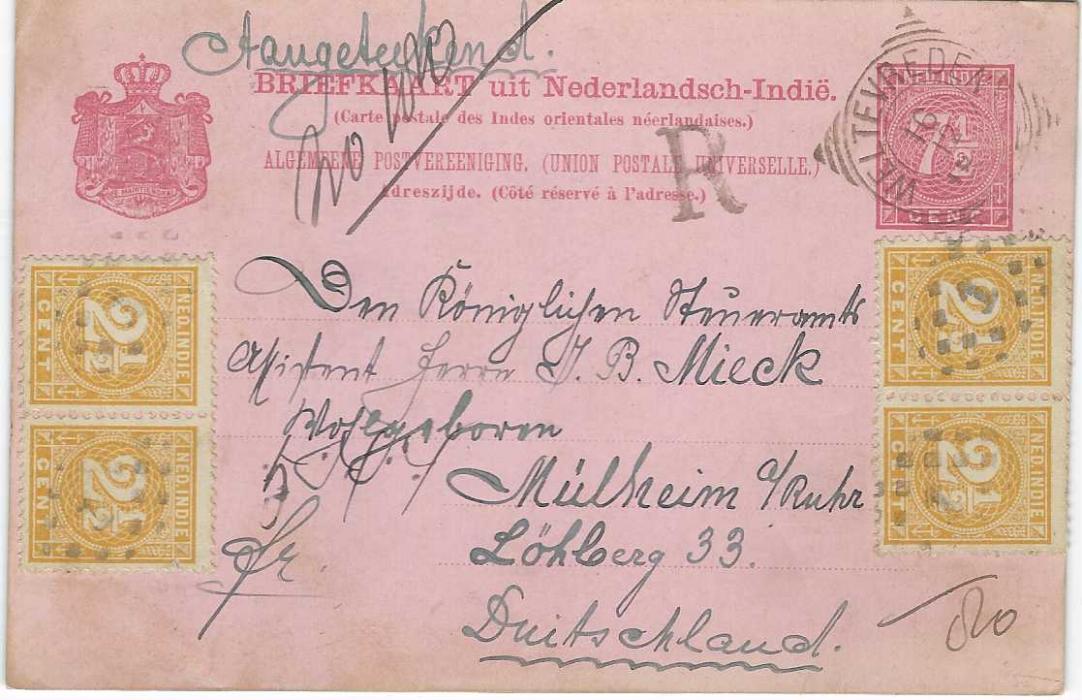 Netherland East Indies 1892 (16/12) 7½c. postal stationery card uprated with two horizontal pairs of 1883-90 2½c. yellow-orange, sent registered to Mulheim, Germany, the stamp image cancelled by square circle Weltevreden date stamp and the pairs by ‘1’ numeral lozenge; without arrival, fine appearance.