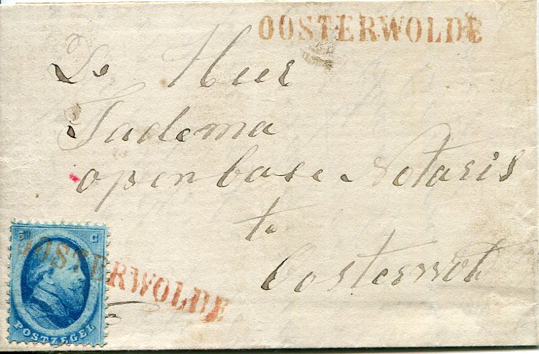 Netherlands Undated small entire to Oosternet franked 1864 5c. tied red straight-line OOSTERWOLDE handstamp that is repeated at top; fine and rare.
