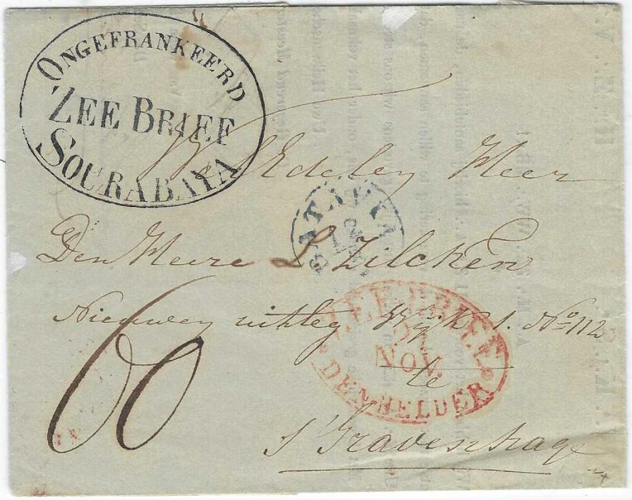 Netherland East Indies 1842 printed entire to The Hague bearing large black Ongefrankeerd/ Zee Brief/ Sourabaya handstamp, to right red Zeebrief Den Helder date stamp, Batavia transit at centre, rated 