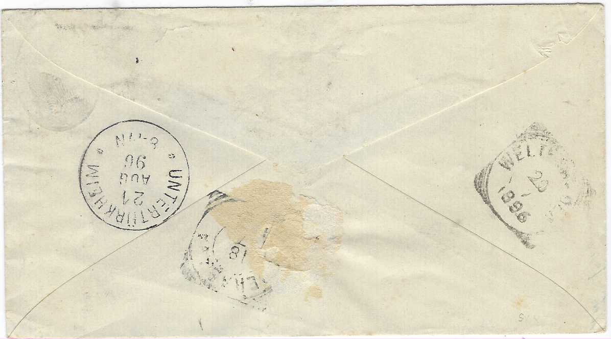 Netherland East Indies 1896 12½c. postal stationery envelope sent registered to Wurtemberg, Germany additionally franked 1870-88 12½c. grey and 1892-97 10c. Queen Wilhelmina all tied by square circle Besoeki date stamps, unframed ‘R’ handstamp at top centre, reverse  with local transits and Unterturkheim arrival cds.
