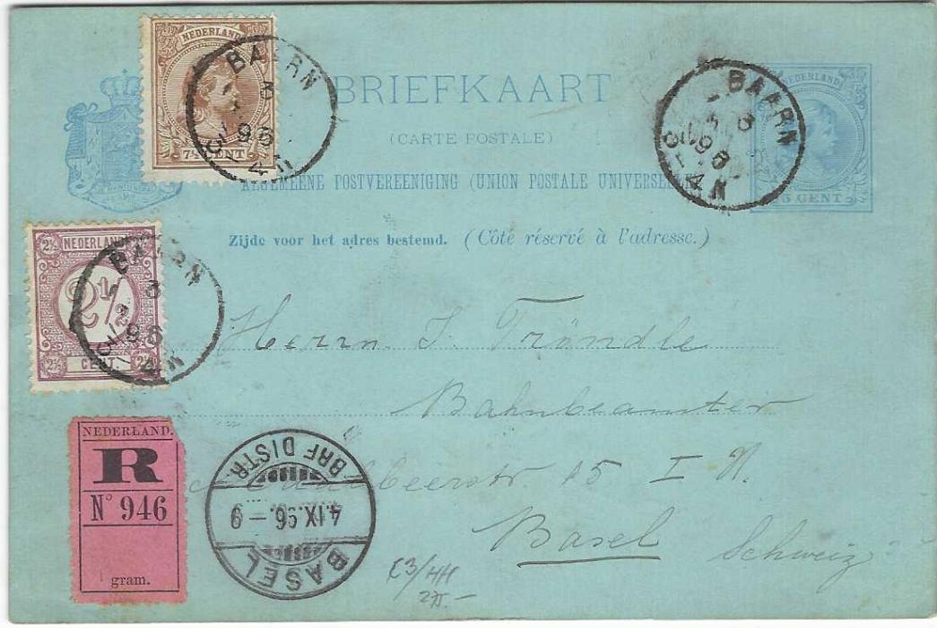 Netherlands 1896 5c. stationery card to Basel, Switzerland uprated with 2½c. and 7½c. tied Baarn cds, registration label bottom left with rounded corner, arrival cds alongside.