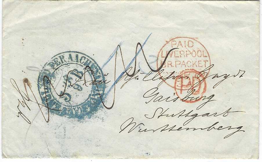 Liberia 1869-74 group of four covers to  Stuttgart, Germany, the 1874 cover with HARPER PAID date stamp, the others carried privately and entering the posts in Liverpool or London.