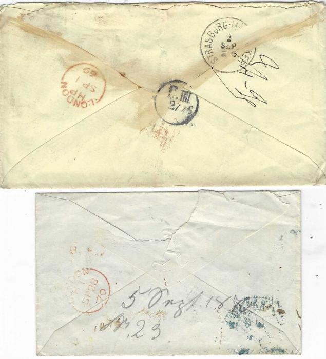 Liberia 1869-74 group of four covers to  Stuttgart, Germany, the 1874 cover with HARPER PAID date stamp, the others carried privately and entering the posts in Liverpool or London.