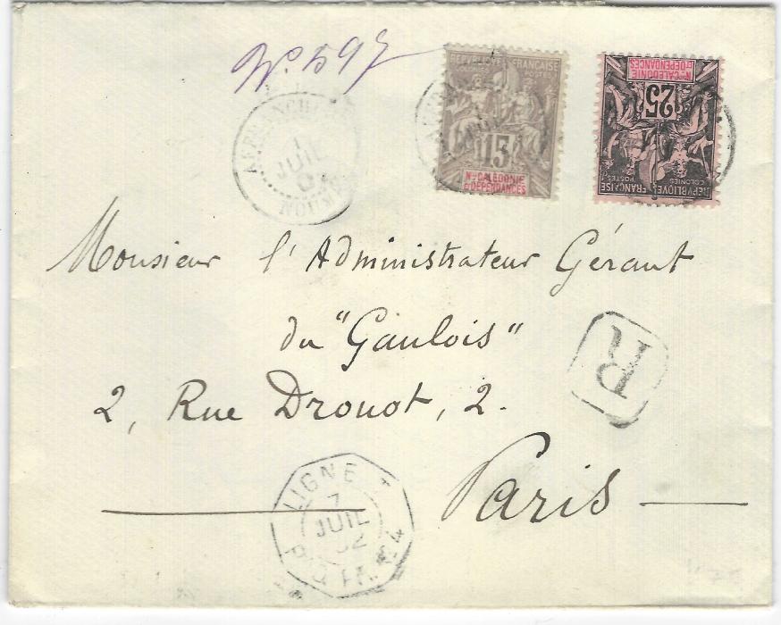 New Caledonia 1902 (1 July) registered cover to Paris franked 1892 25c. and 1900-01 15c. grey tied Affranchie Noumea cds, French octagonal maritime transit Ligne T Paq. Fr. No.4 date stamp, arrival backstamp.