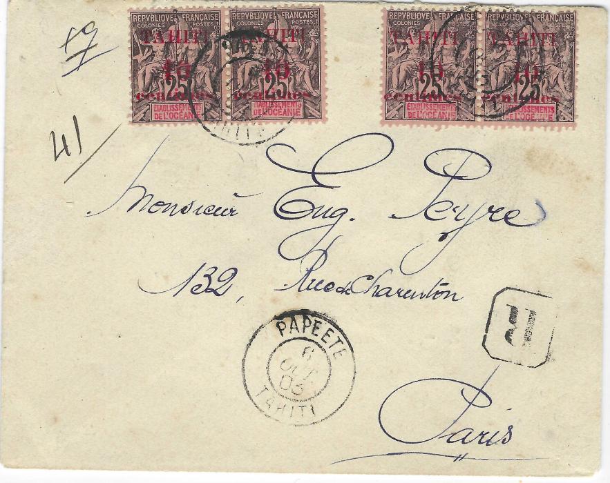 French Oceanic Settlements 1903 (6 Oct) registered cover to Paris franked two pairs of 1903 Tahiti surcharges 10c. on 25c. , all type I but right hand stamp small defect, tied Papeete Tahiti cds, Paris arrival backstamp.
