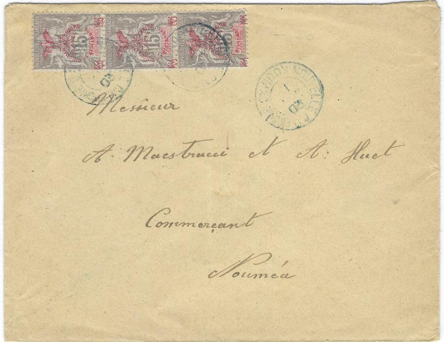 New Caledonia 1903 (1 Nov) cover to Noumea franked 1905 50th Anniversary of Annexation 15c. vertical strip of three tied by Koumac cds in blue, a fine use from a small village office.