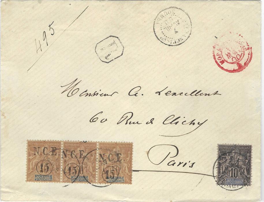 New Caledonia 1900 (7 April) registered cover to Paris franked 1892 10c. and 1899-1901 15c. on 30c horizontal strip of three showing displaced surcharges tied by Affranchissts Noumea cds. Arrival backstamp. Ex. Grabowski.