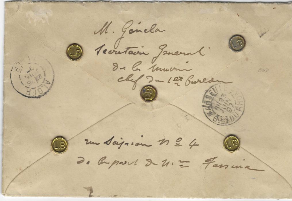 New Caledonia 1897 (14 May) ‘AR’ registered cover to Algeria franked 10c. and 25c. (single and pair) tied by Noumea cds, reverse with five small golden studs, Marseille transit and Alger arrival cds. A few insignificant stains, a fine AR cover, Ex. Grabowski.