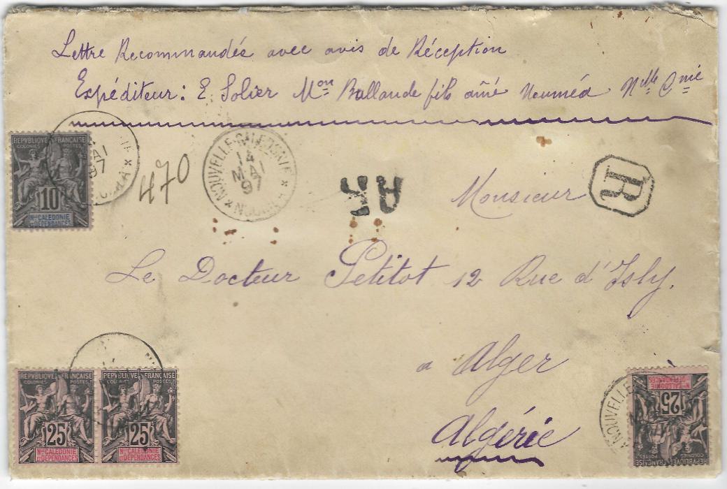 New Caledonia 1897 (14 May) ‘AR’ registered cover to Algeria franked 10c. and 25c. (single and pair) tied by Noumea cds, reverse with five small golden studs, Marseille transit and Alger arrival cds. A few insignificant stains, a fine AR cover, Ex. Grabowski.