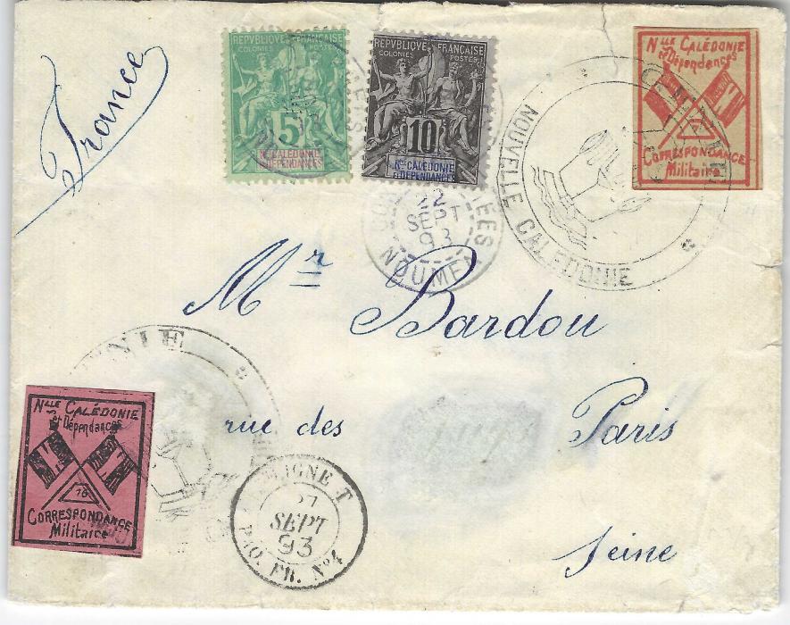 New Caledonia 1893 (22 Sep) cover to Paris franked 1892 5c. and 10c. tied Noumea cds and additionally franked with two Military Correspondence ‘Flag’ vignettes in orange-brown (number 7) and black on red (number 16), these tied by large Genie Nouvelle Caledonie ‘ship’ illustrated cachet, Ligne T Paq. Fr. No.4 transit cds, without backstamps; some repaired tears otherwise scarce and attractive.