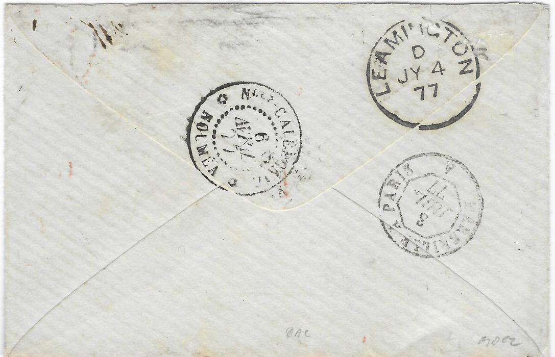 New Caledonia 1877 (6 Avril) small cover to Leamington, Warwick, England franked General Colony issues Ceres 10c. brown on rose (2) and 30c. (3, vertical pair and single) tied by Nlle Caledonie Noumea cds, red octagonal transit Paq An. V. Suez Marseille 1, reverse with Marseille A Paris tpo and Leamington arrival of JY 4; fine and attractive.