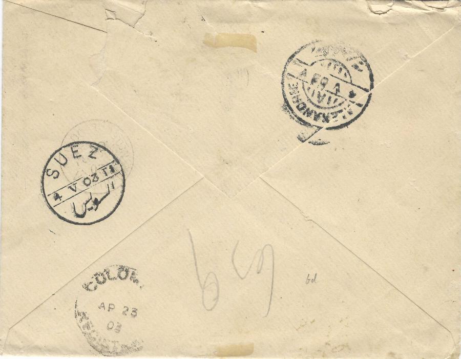 New Caledonia 1903 (16 Mars) registered cover to Alexandrie, Egypt  franked with 1892 10c. and 40c. tied single Thio cds with another strike alongside, reverse with Colombo and  Suez transits plus arrival cds. Ex Grabowski.