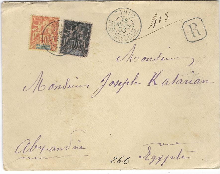 New Caledonia 1903 (16 Mars) registered cover to Alexandrie, Egypt  franked with 1892 10c. and 40c. tied single Thio cds with another strike alongside, reverse with Colombo and  Suez transits plus arrival cds. Ex Grabowski.