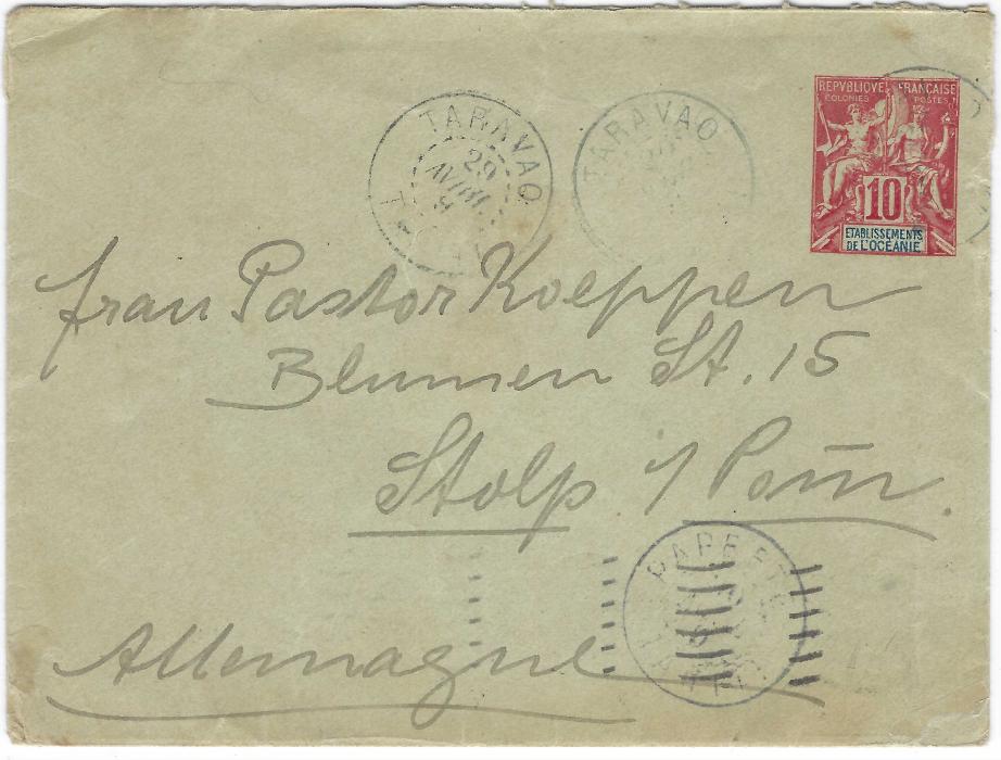 French Oceanic Settlements (Society Islands) 1909 (29 Avril) 10c. postal stationery envelope to Germany cancelled Taravao Tahiti cds with Papeete transit at base and  San Francisco machine transit on reverse. Ex. Grabowski.