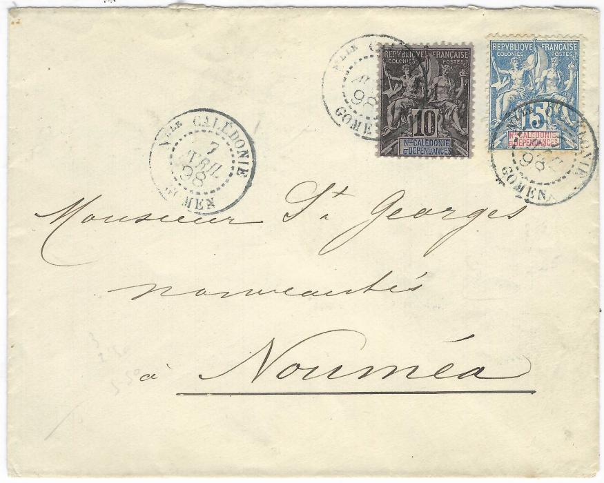 New Caledonia 1898 (7 Avril) internal cover to Noumea franked 10c. and 15c. tied by fine Nlle Caledonie GOMEN cds, arrival backstamp of 10 Avril; fine quality, Ex Grabowski.