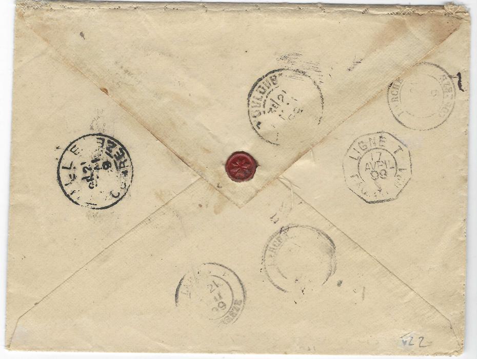 New Caledonia 1899 (11 Avril) registered cover to France franked 1892 30c. and 40c.  tied Affranchisst Noumea cds, reverse with octagonal Ligne T Paq. Fr. No.1 maritime date stamp plus various French transits and arrival cds.
