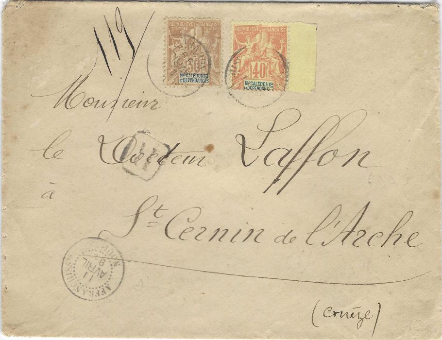 New Caledonia 1899 (11 Avril) registered cover to France franked 1892 30c. and 40c.  tied Affranchisst Noumea cds, reverse with octagonal Ligne T Paq. Fr. No.1 maritime date stamp plus various French transits and arrival cds.